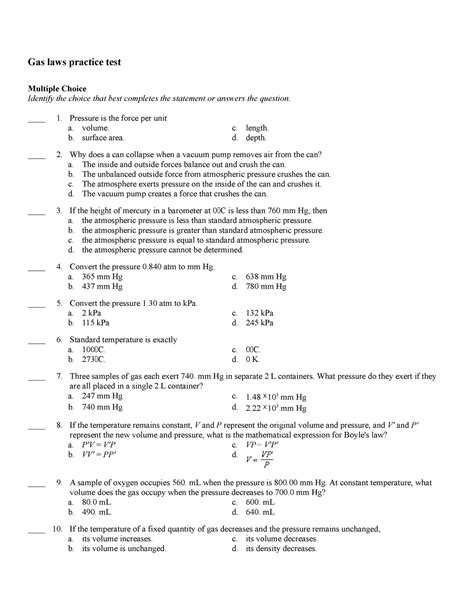 Gas Laws Practice Test Multiple Choice