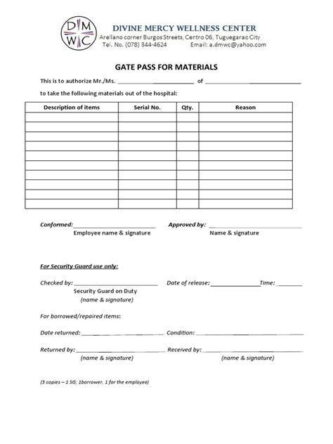 gate pass sample for materials