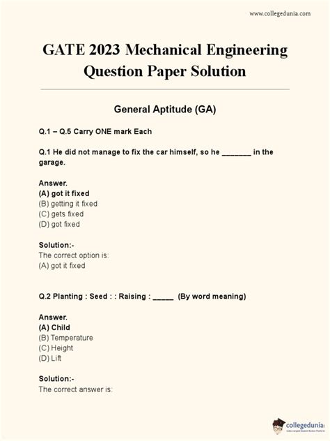 Read Online Gate Question Papers With Solutions For Mechanical Engineering In 