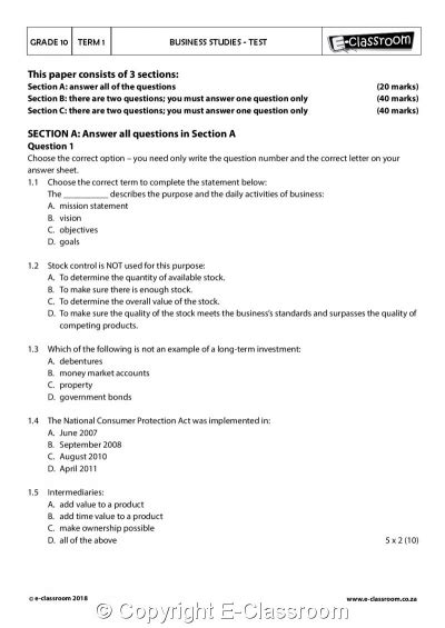 Read Gauteng District Business Question Paper Grade 10 