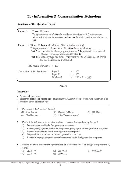 gce ict specimen question paper unit 1