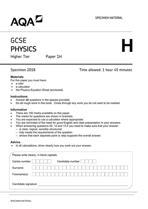 Gcse Physics Specimen Question Paper Higher Specimen