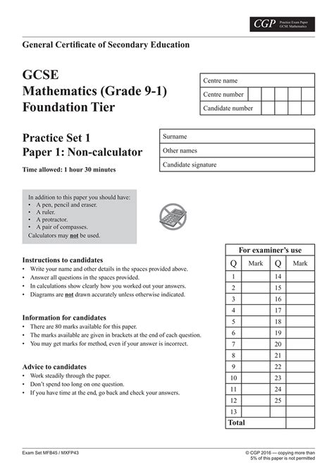 Read Online Gcse Maths Practice Papers Set 1 
