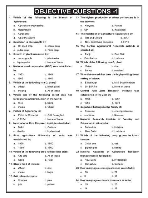 general agriculture objective questions