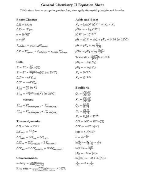 general chemistry ii formula sheet