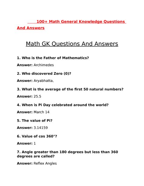 General Knowledge Mathematics Questions And Answers