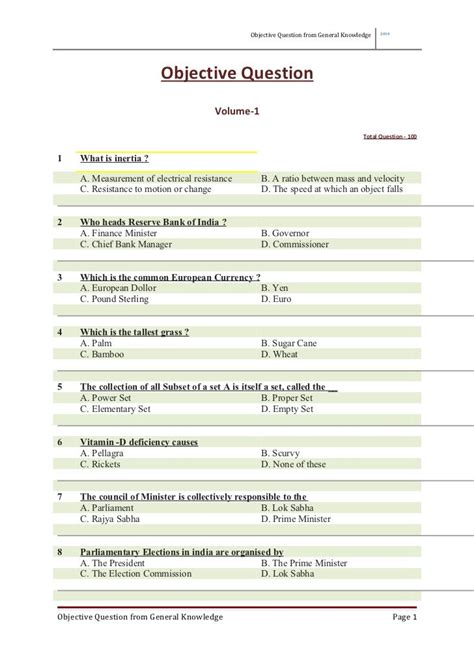 general knowledge objective questions with answers
