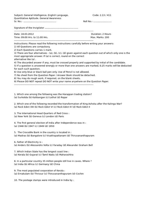 Download General Intelligence Question Papers 