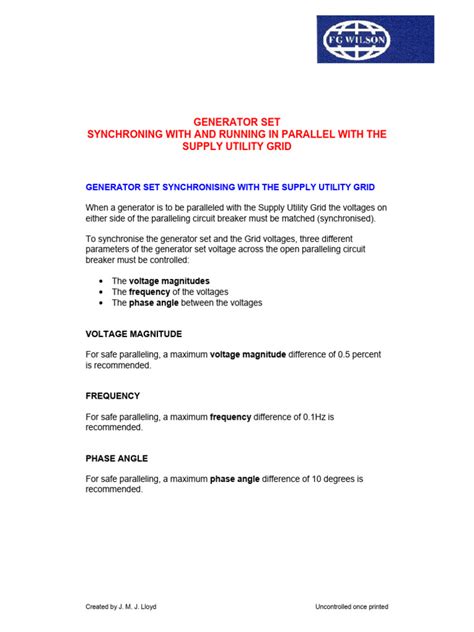 Generator Set Synchronising With And Running In Parallel