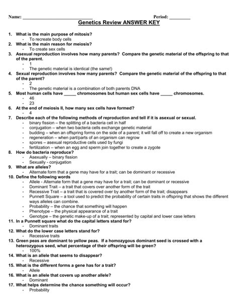 Genetics Test Review Answer Key