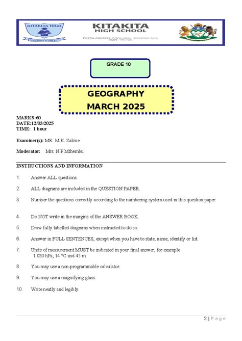 Geography Feb March Test Question Paper Spados