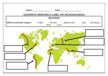 Geography Worksheets Label The Mountain Ranges Made By Types Of Mountains Worksheet - Types Of Mountains Worksheet