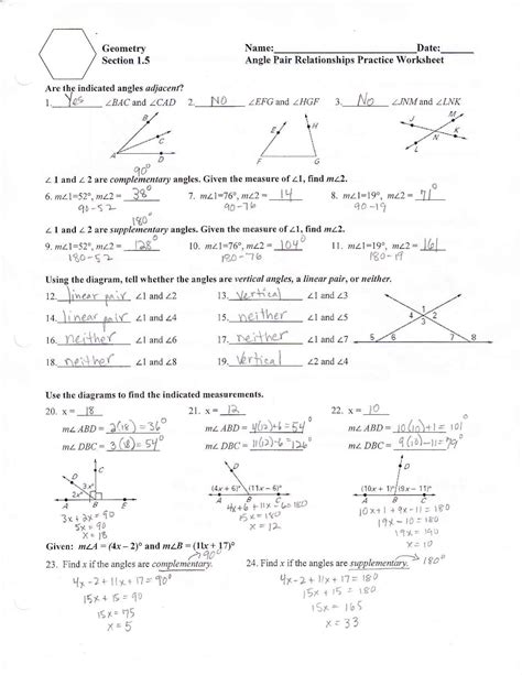 Geometry Angle Relationship Practice Answers