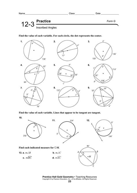 Geometry Practice 12 3 Inscribed Angles Answers