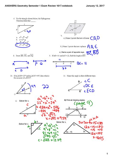geometry semester 1 exam study  answers