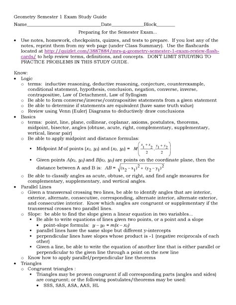 Geometry Semester 1 Study Guide