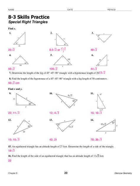 geometry skills practice special right triangles answers