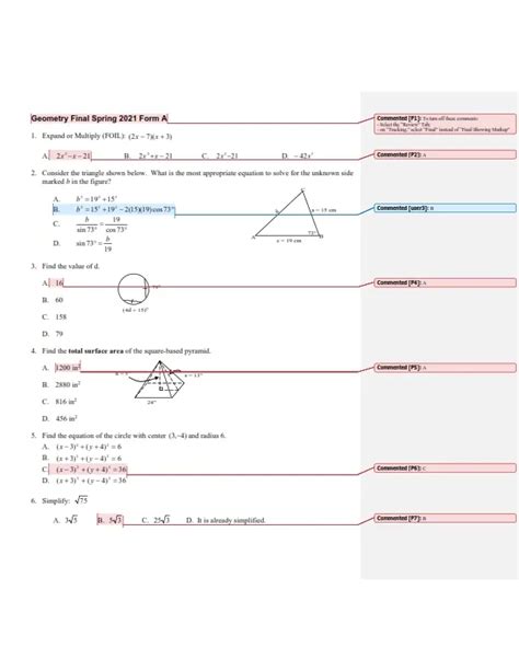 geometry spring final answer sheet
