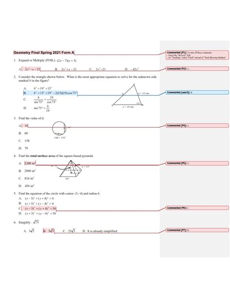 Geometry Spring Final Answers