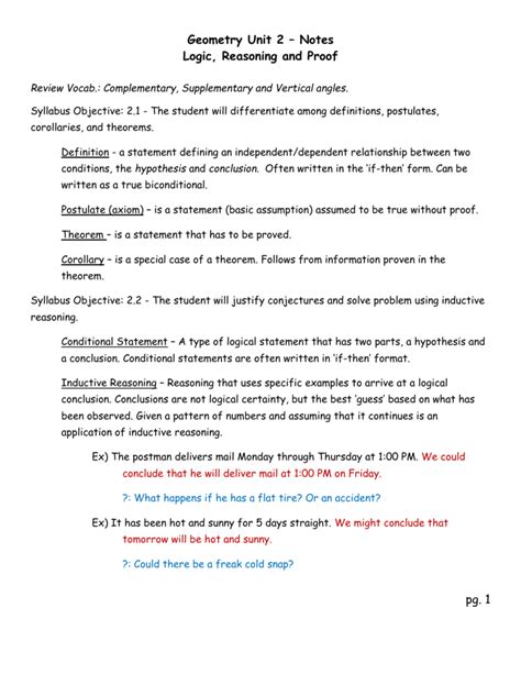 Geometry Unit 2 Logic And Proof Answer Key