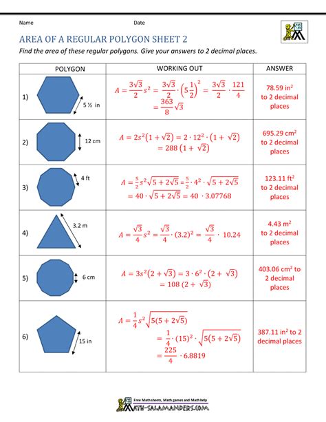 Geometry Worksheet Area Of Regular Polygons Answer Key