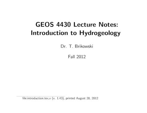 Geos 4430 Lecture Notes Introduction To Hydrogeology