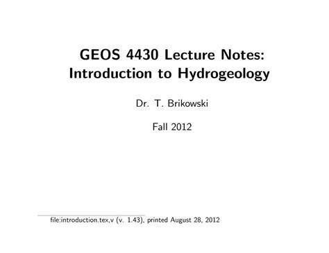 geos 4430 lecture notes introduction to hydrogeology