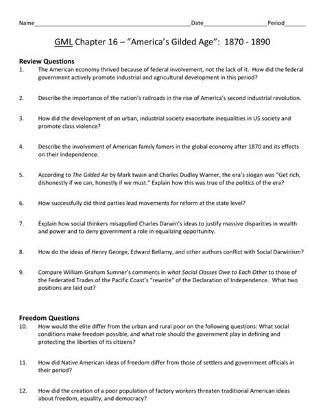 Gilded Age Unit Chapter Questions Key