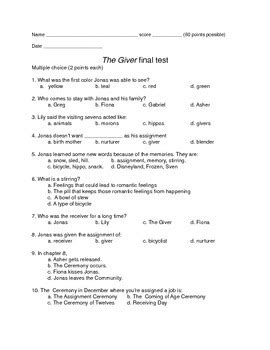 Giver Final Test Answers