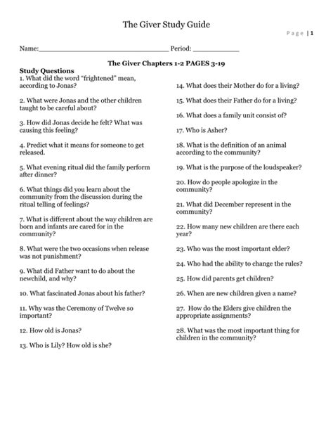 Giver Study Guide Questions And Answers
