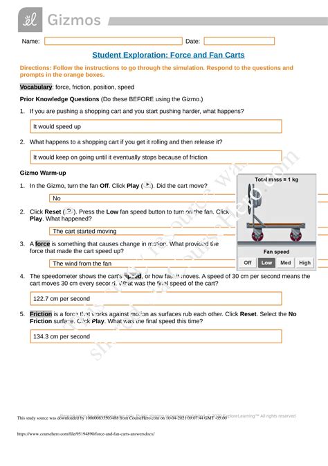 gizmo answer key fan cart physics assessment