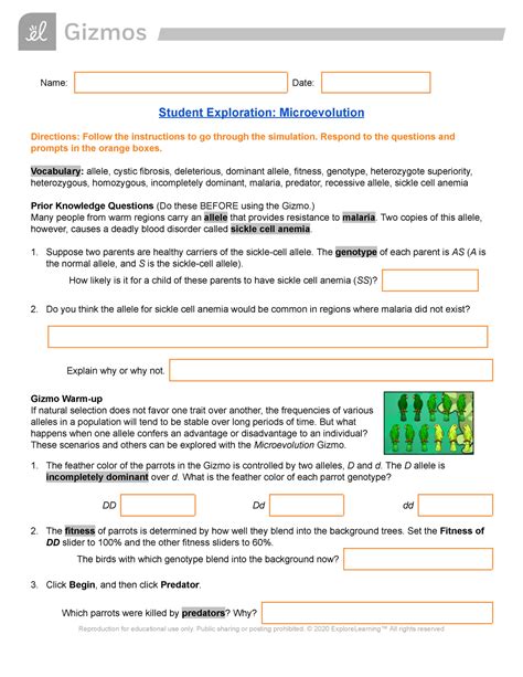 gizmo answer sheet microevolution