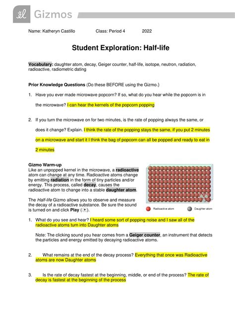 Gizmo Half Life Answer Key