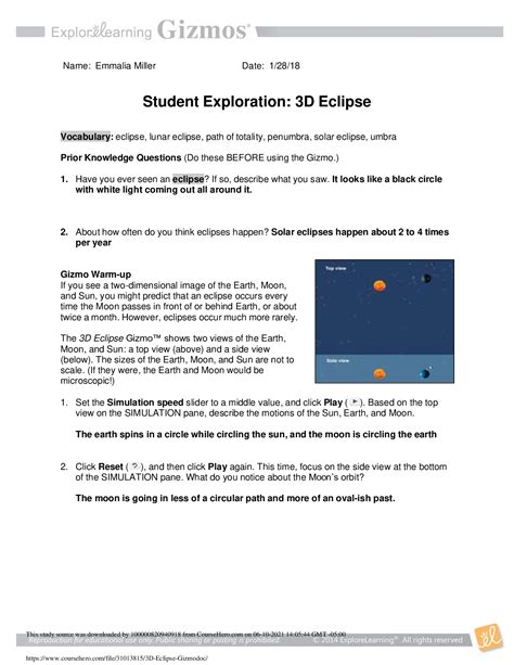 Gizmo Student Exploration Eclipse