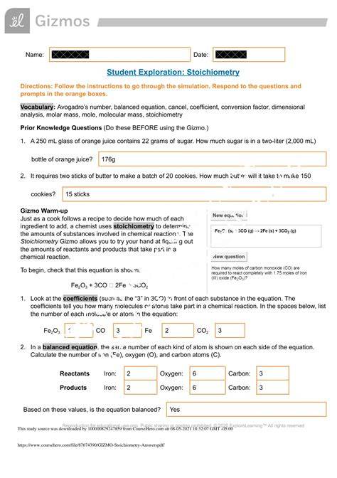 gizmo student exploration stoichiometry answer key