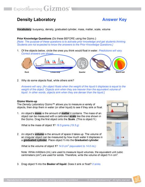Gizmos Density Lab Answer Key