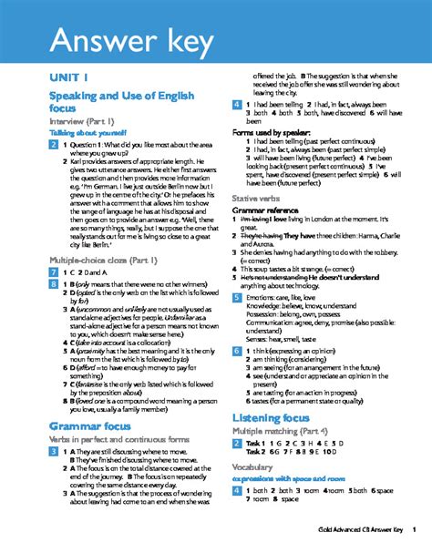 Gold Advanced Answer Key