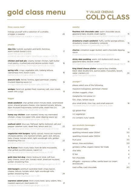 Gold Class Menu