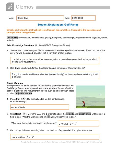 Golf Range Gizmo Answer Key