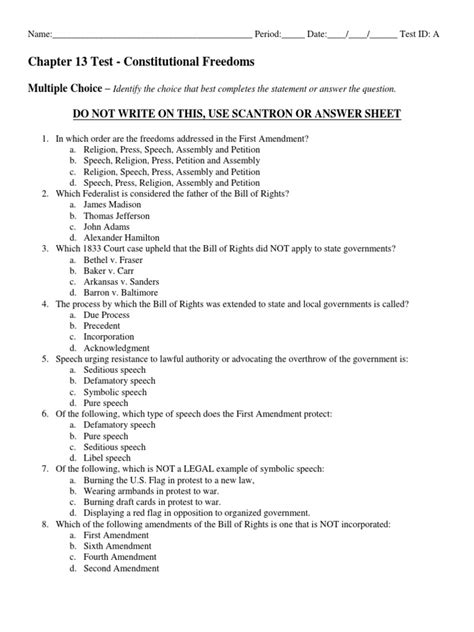 government constitutional freedoms test answer key