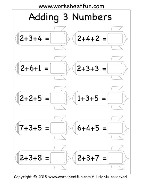 Grade 1 Math Worksheet Add 3 Single Digit 3 Addends Worksheet - 3 Addends Worksheet