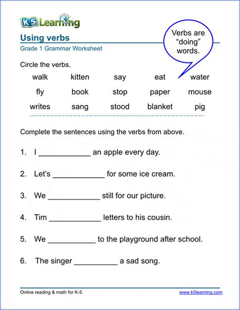 Grade 1 Verbs Worksheets K5 Learning Grammar Worksheet 1st Grade - Grammar Worksheet 1st Grade