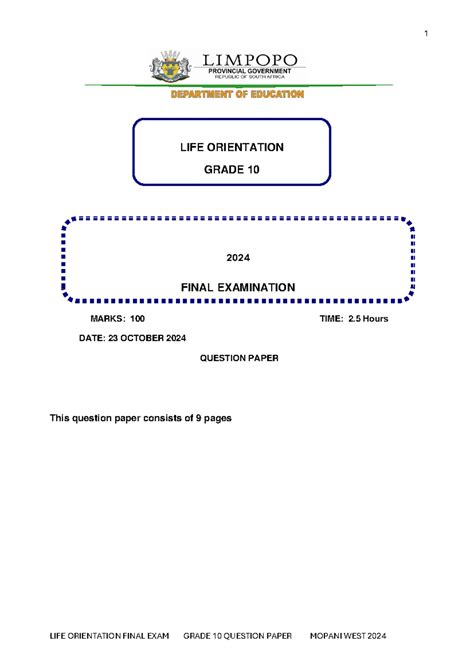 grade 10 final exam paper 1