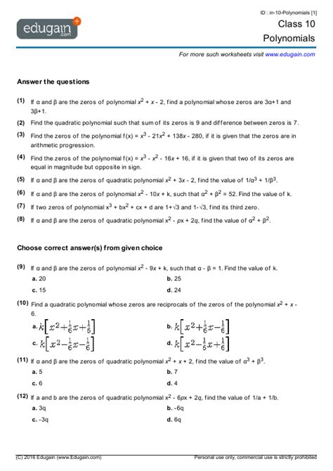 Grade 10 Polynomials Math Practice Questions Tests Worksheets Polynomials Worksheet Grade 10 - Polynomials Worksheet Grade 10