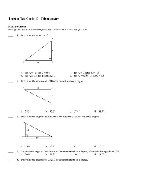 Grade 10 Trigonometry Multiple Choice Questions