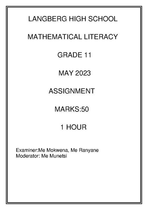 grade 11 assignment 2014 mathematical literacy