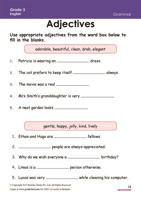 Grade 3 Grammar Worksheet Adjectives In Sentences Pdf Grammar Worksheets Grade 3 - Grammar Worksheets Grade 3