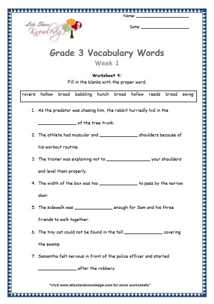 Grade 3 Vocabulary Words And Worksheets Lets Share Third Grade Vocabulary Worksheet - Third Grade Vocabulary Worksheet