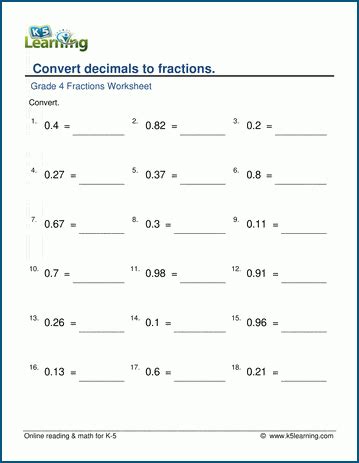 Grade 4 Fractions To Decimals Worksheets K5 Learning Converting Fractions To Decimals Worksheet - Converting Fractions To Decimals Worksheet