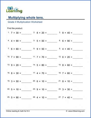 Grade 4 Multiplication Worksheets K5 Learning 4th Grade Math Sheet - 4th Grade Math Sheet